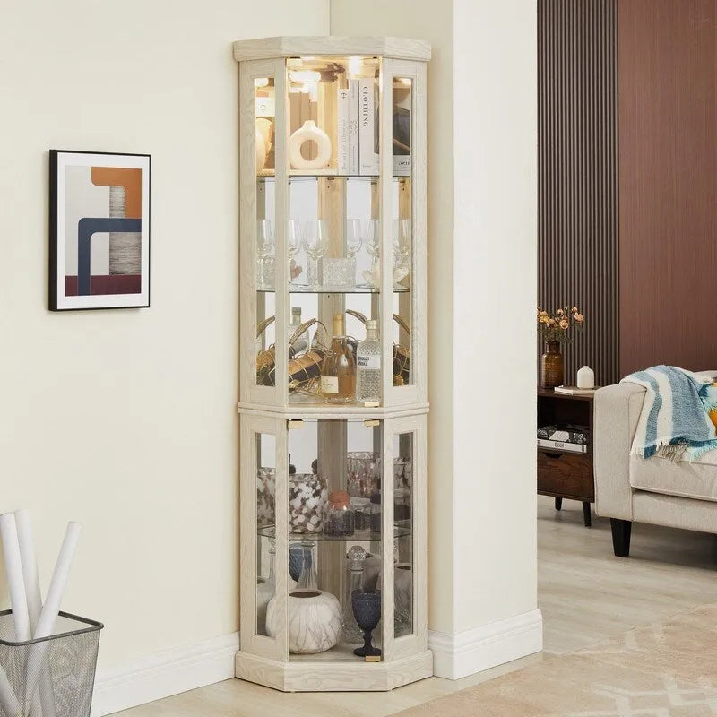 Corner Curio Cabinet with Built-In Lights, Glass Doors and Adjustable Shelves