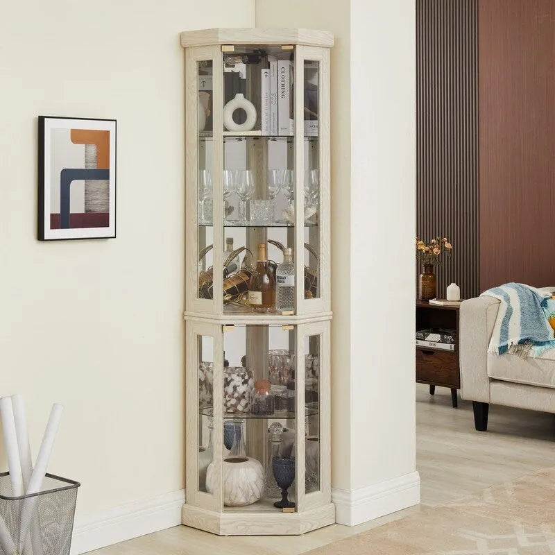 Corner Curio Cabinet with Built-In Lights, Glass Doors and Adjustable Shelves