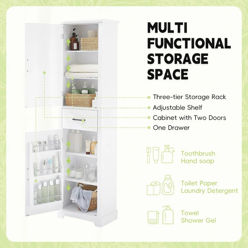 Freestanding Bathroom Storage Cabinet with 4 Adjustable Shelves, Drawer and 2 Doors