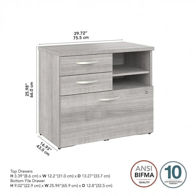 Büro-Aufbewahrungsschrank mit Aktenschublade, 2 Schubladen und offenen Regalböden - 30W x 17D x 26H