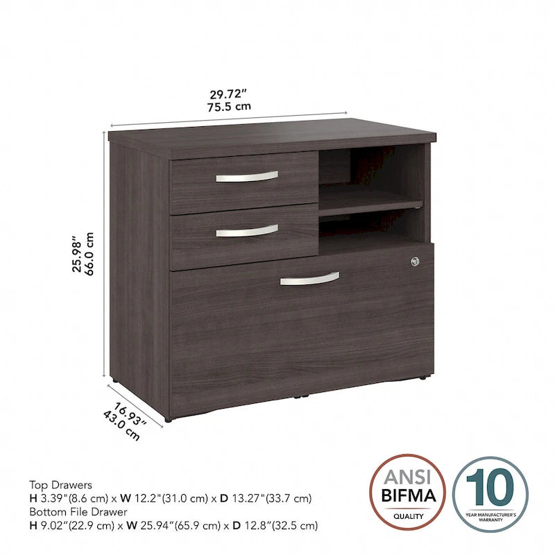 Büro-Aufbewahrungsschrank mit Aktenschublade, 2 Schubladen und offenen Regalböden - 30W x 17D x 26H