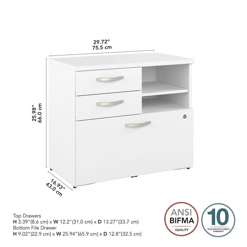 Büro-Aufbewahrungsschrank mit Aktenschublade, 2 Schubladen und offenen Regalböden - 30W x 17D x 26H