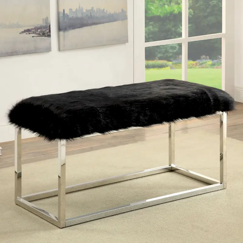 Fur Fabric Accent Bench with Chrome Frame