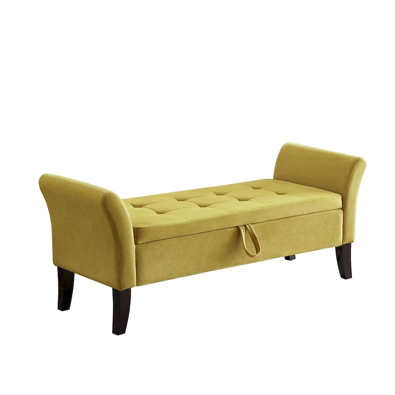 Velvet Storage Bench with Curved Arms, Tufted Seat and Solid Wood Legs