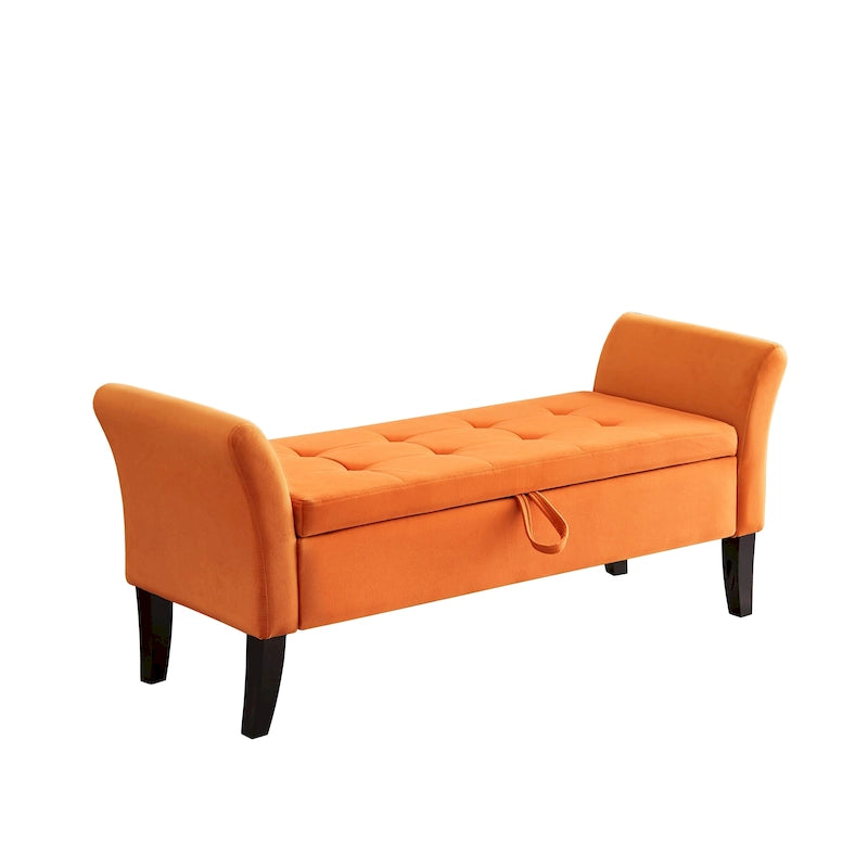 Velvet Storage Bench with Curved Arms, Tufted Seat and Solid Wood Legs