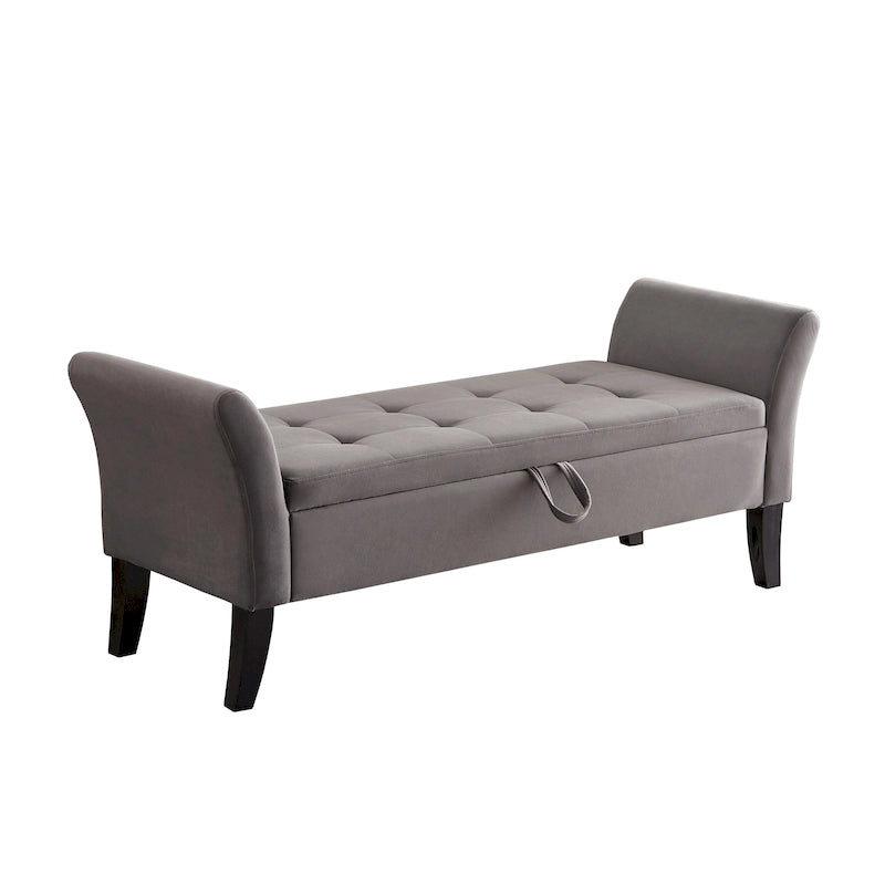 Velvet Storage Bench with Curved Arms, Tufted Seat and Solid Wood Legs