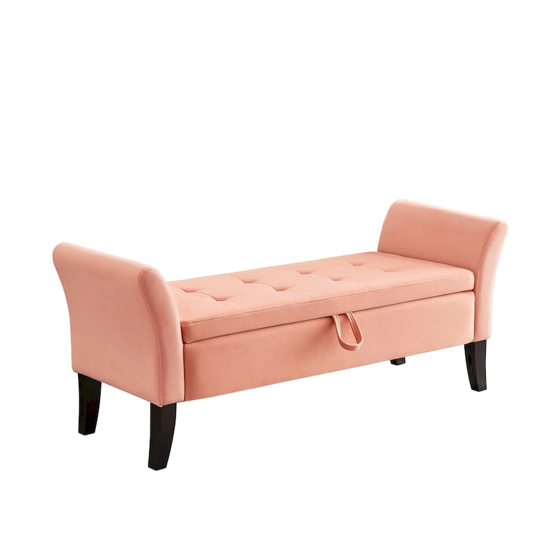 Velvet Storage Bench with Curved Arms, Tufted Seat and Solid Wood Legs