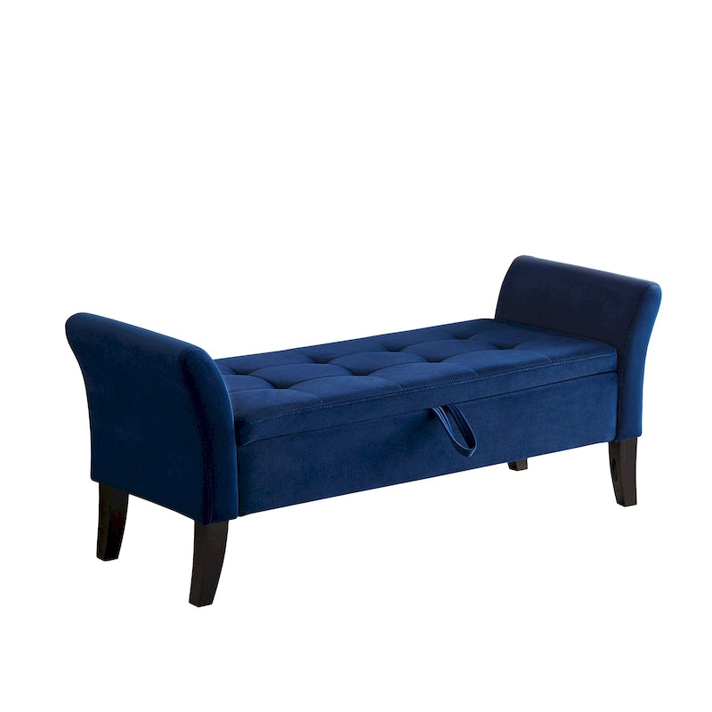 Velvet Storage Bench with Curved Arms, Tufted Seat and Solid Wood Legs