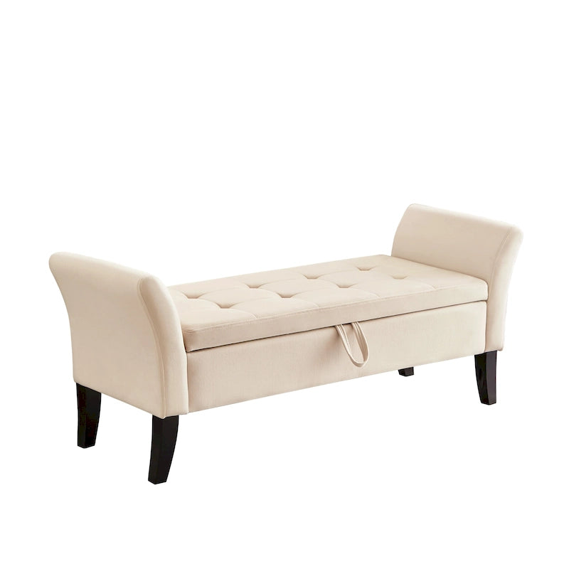 Velvet Storage Bench with Curved Arms, Tufted Seat and Solid Wood Legs