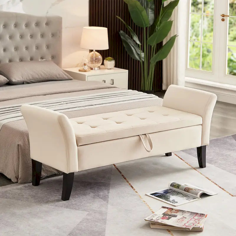 Velvet Storage Bench with Curved Arms, Tufted Seat and Solid Wood Legs