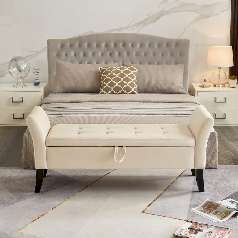 Velvet Storage Bench with Curved Arms, Tufted Seat and Solid Wood Legs