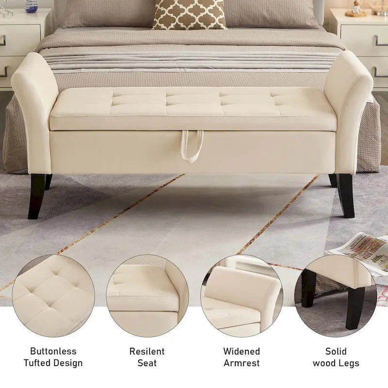 Velvet Storage Bench with Curved Arms, Tufted Seat and Solid Wood Legs