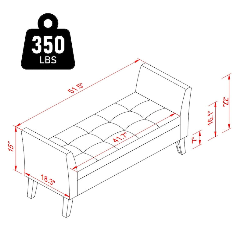 Velvet Storage Bench with Curved Arms, Tufted Seat and Solid Wood Legs