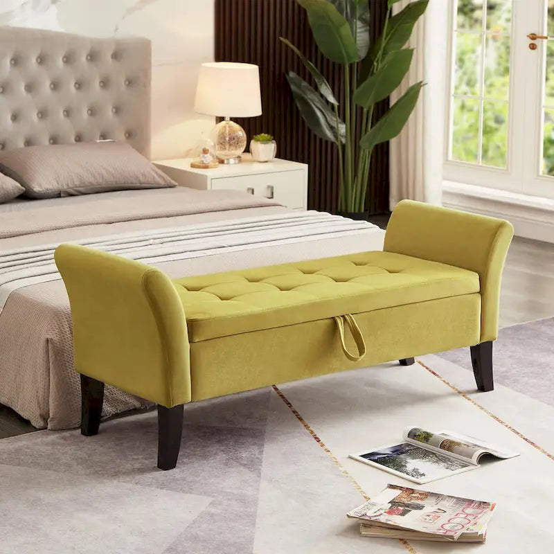 Velvet Storage Bench with Curved Arms, Tufted Seat and Solid Wood Legs