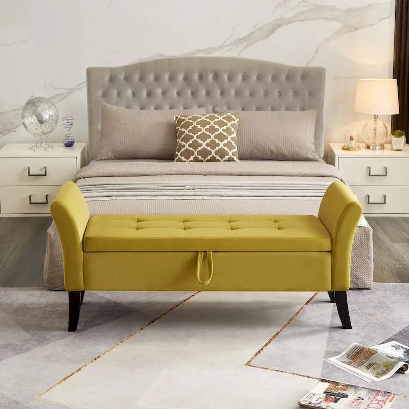 Velvet Storage Bench with Curved Arms, Tufted Seat and Solid Wood Legs
