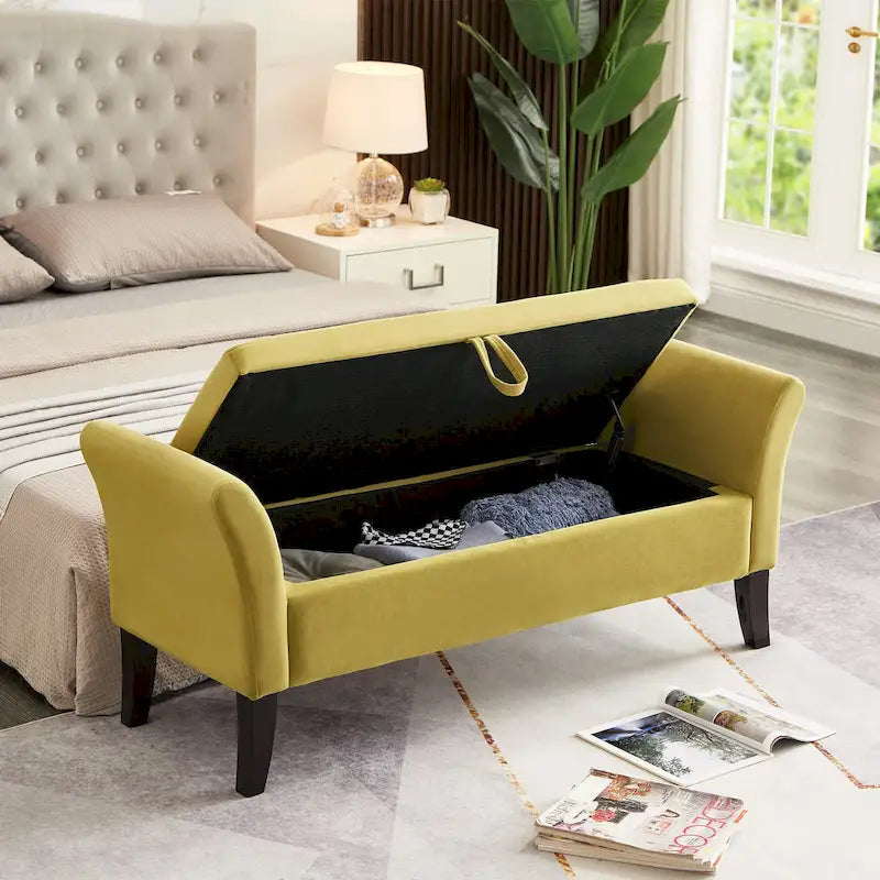 Velvet Storage Bench with Curved Arms, Tufted Seat and Solid Wood Legs