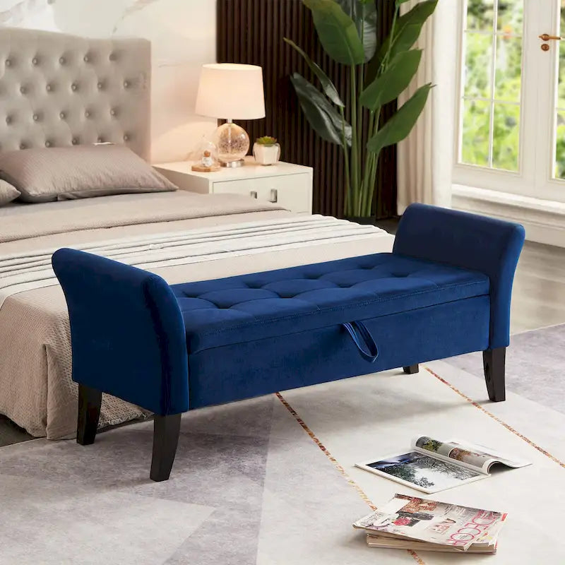 Velvet Storage Bench with Curved Arms, Tufted Seat and Solid Wood Legs