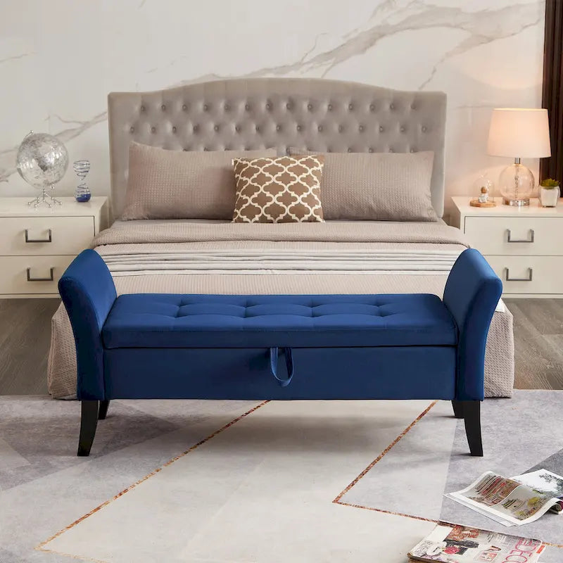 Velvet Storage Bench with Curved Arms, Tufted Seat and Solid Wood Legs