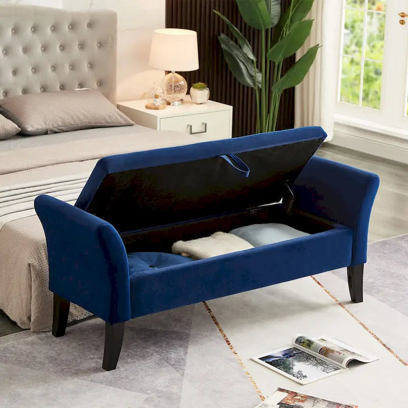 Velvet Storage Bench with Curved Arms, Tufted Seat and Solid Wood Legs