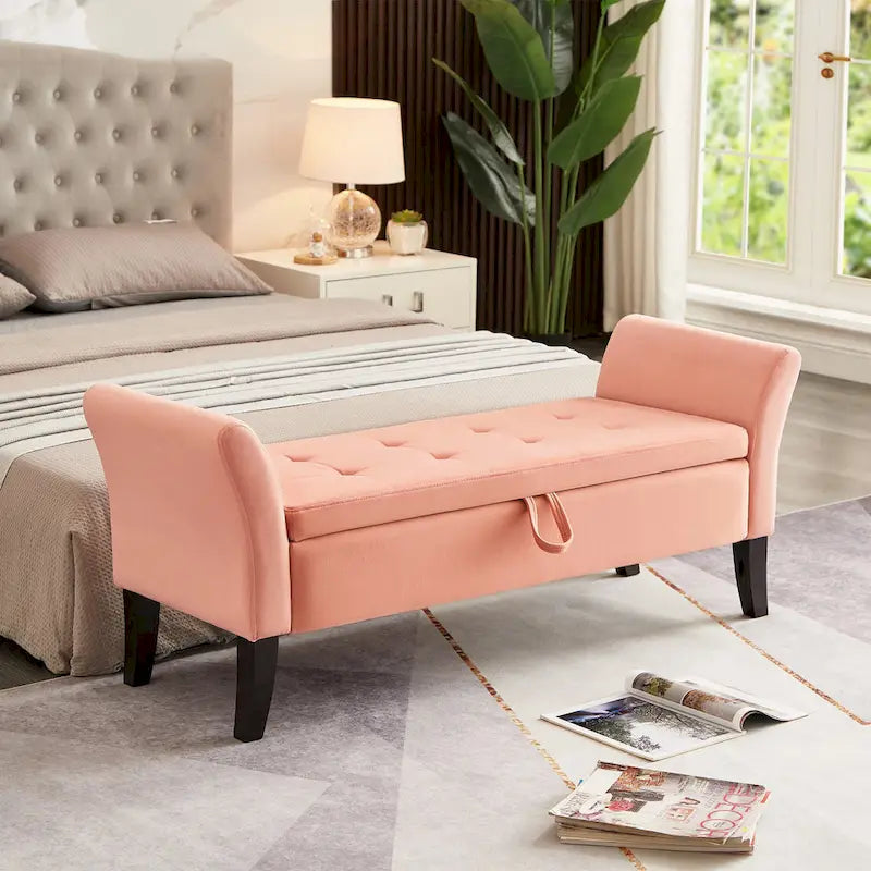 Velvet Storage Bench with Curved Arms, Tufted Seat and Solid Wood Legs