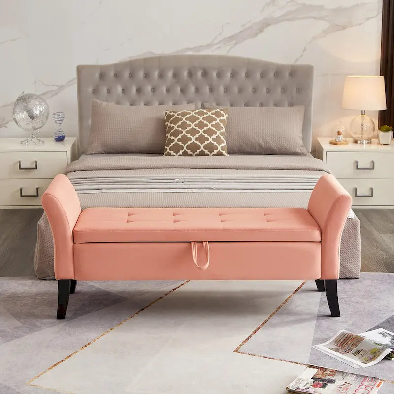 Velvet Storage Bench with Curved Arms, Tufted Seat and Solid Wood Legs