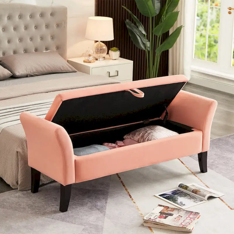 Velvet Storage Bench with Curved Arms, Tufted Seat and Solid Wood Legs