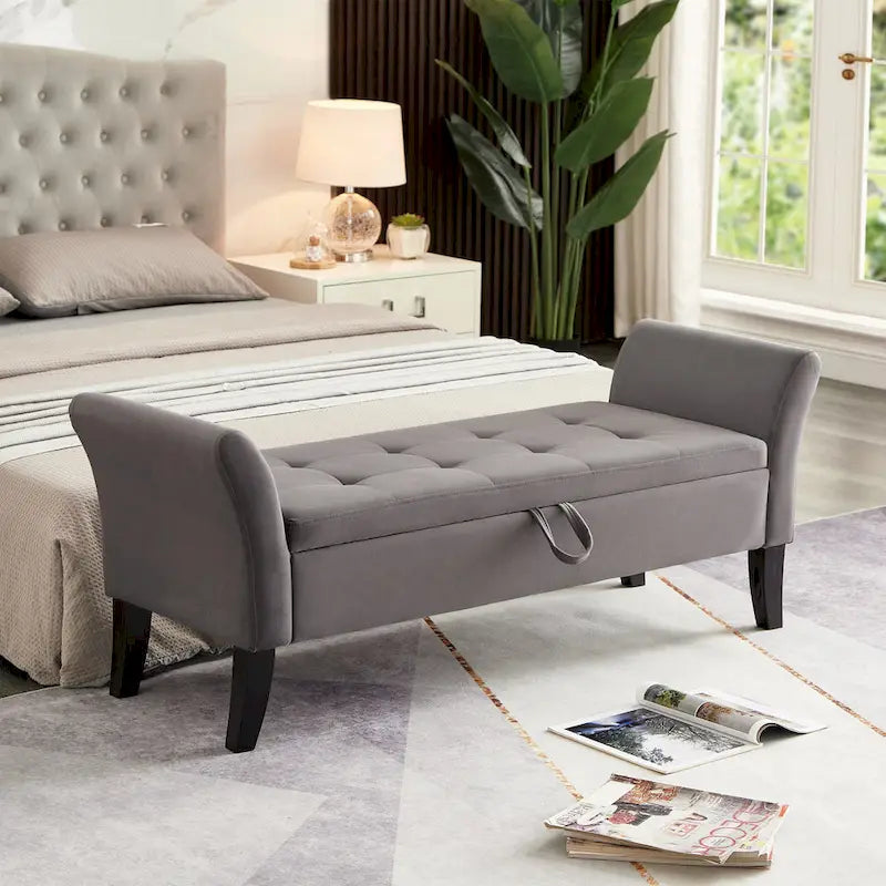 Velvet Storage Bench with Curved Arms, Tufted Seat and Solid Wood Legs