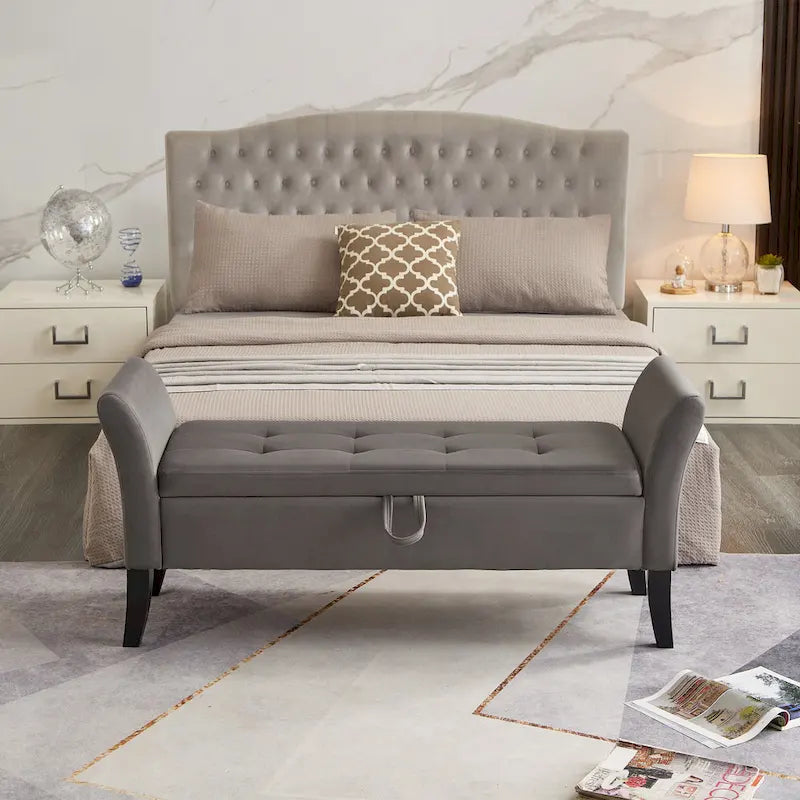 Velvet Storage Bench with Curved Arms, Tufted Seat and Solid Wood Legs