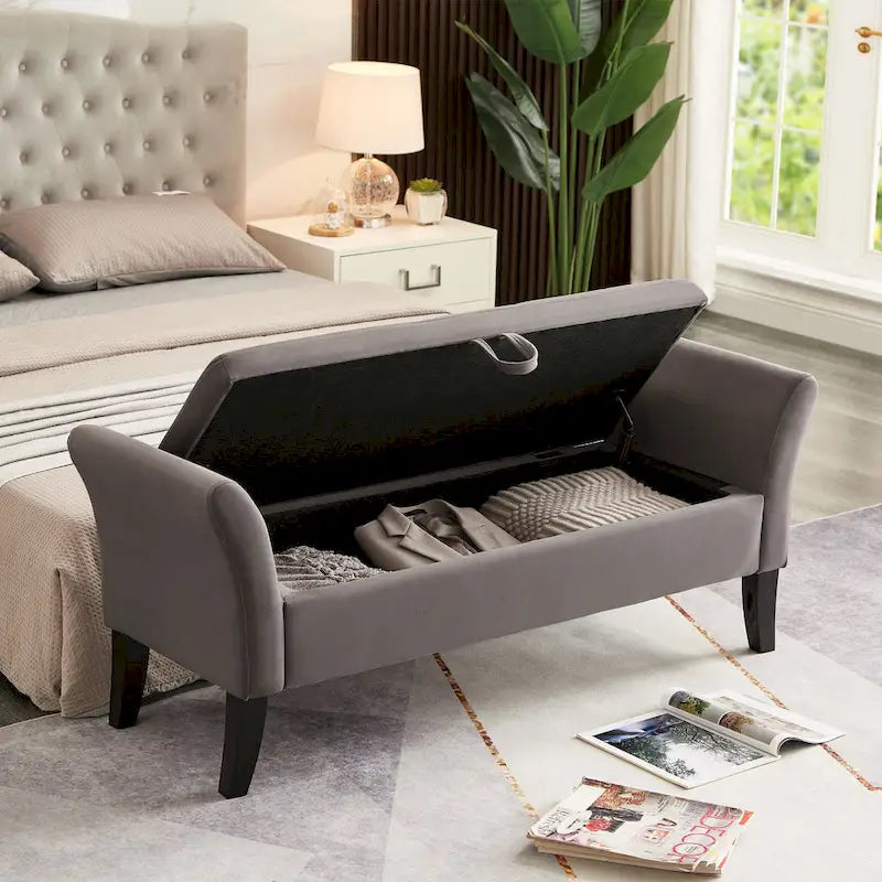 Velvet Storage Bench with Curved Arms, Tufted Seat and Solid Wood Legs