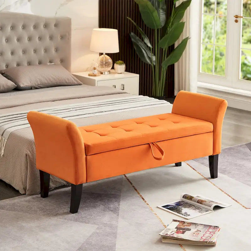 Velvet Storage Bench with Curved Arms, Tufted Seat and Solid Wood Legs