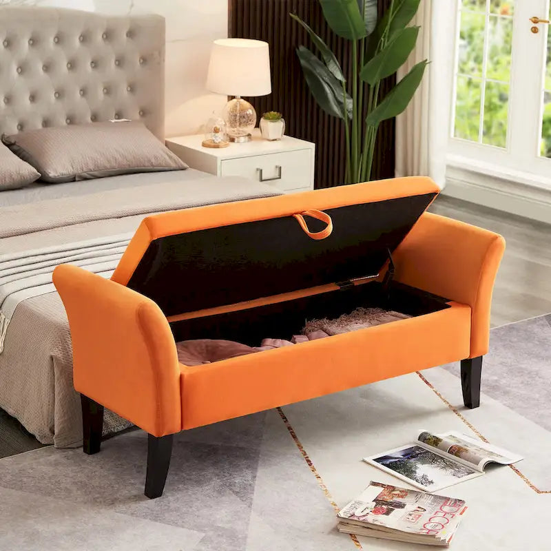 Velvet Storage Bench with Curved Arms, Tufted Seat and Solid Wood Legs