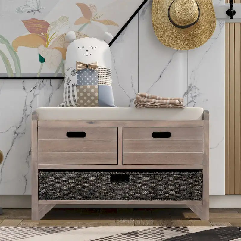 Storage Bench with Removable Basket, 2 Drawers and Cushioned Seat