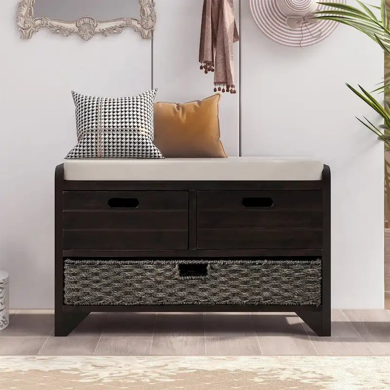 Storage Bench with Removable Basket, 2 Drawers and Cushioned Seat