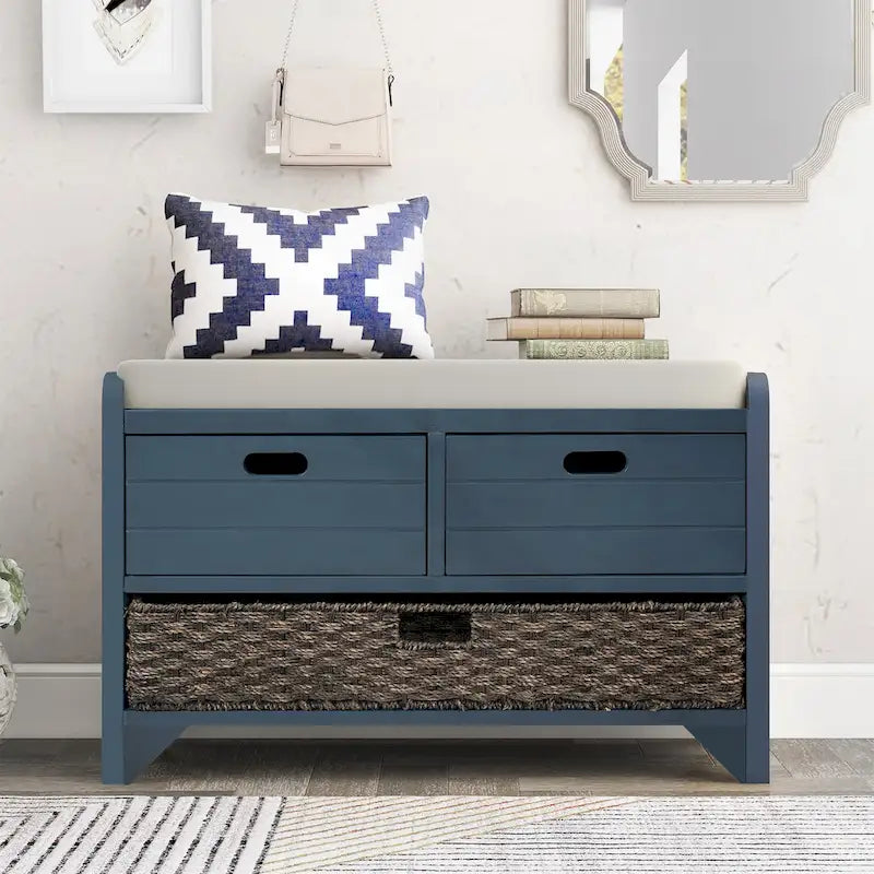 Storage Bench with Removable Basket, 2 Drawers and Cushioned Seat