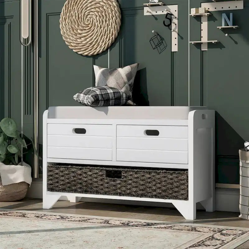 Storage Bench with Removable Basket, 2 Drawers and Cushioned Seat