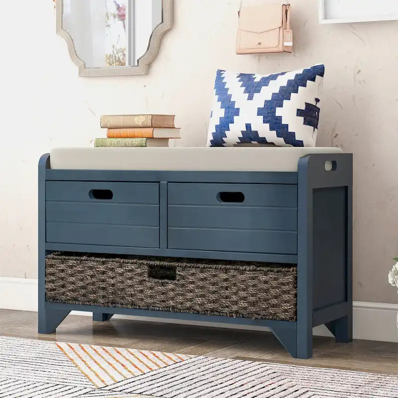 Storage Bench with Removable Basket, 2 Drawers and Cushioned Seat