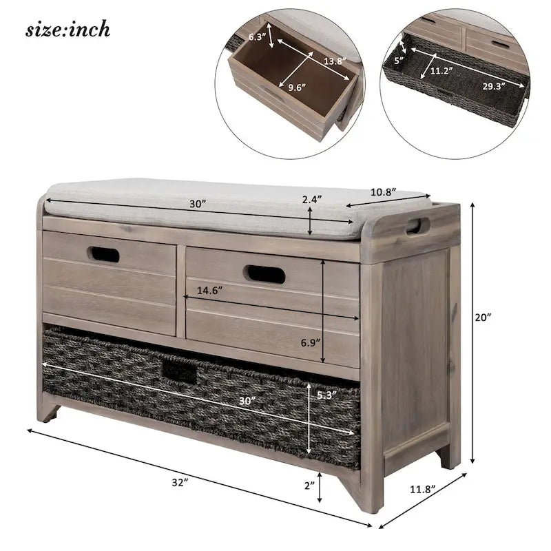 Storage Bench with Removable Basket, 2 Drawers and Cushioned Seat