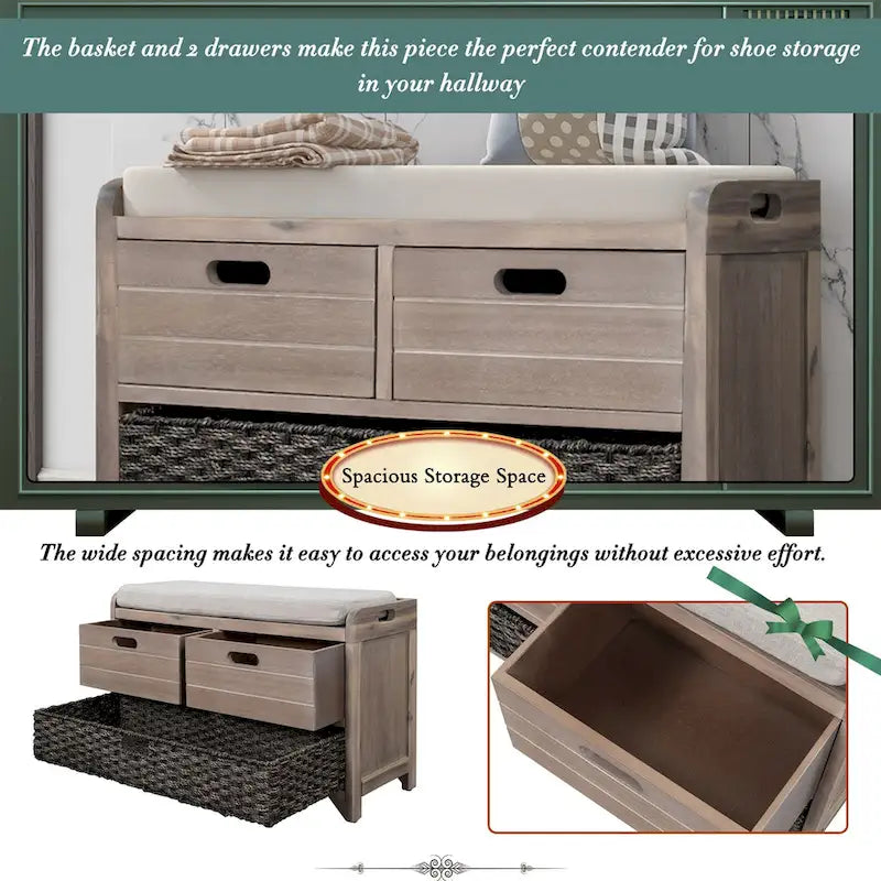 Storage Bench with Removable Basket, 2 Drawers and Cushioned Seat