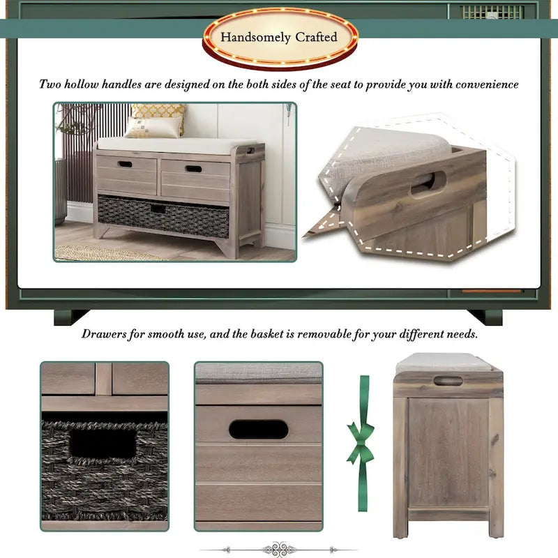 Storage Bench with Removable Basket, 2 Drawers and Cushioned Seat