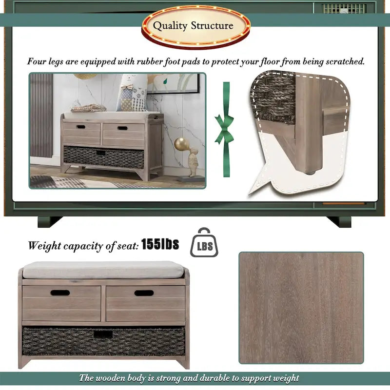 Storage Bench with Removable Basket, 2 Drawers and Cushioned Seat