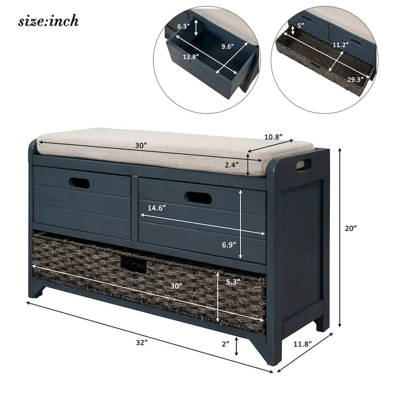 Storage Bench with Removable Basket, 2 Drawers and Cushioned Seat