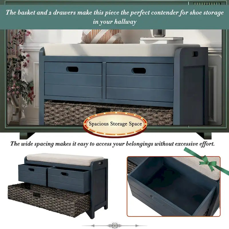 Storage Bench with Removable Basket, 2 Drawers and Cushioned Seat