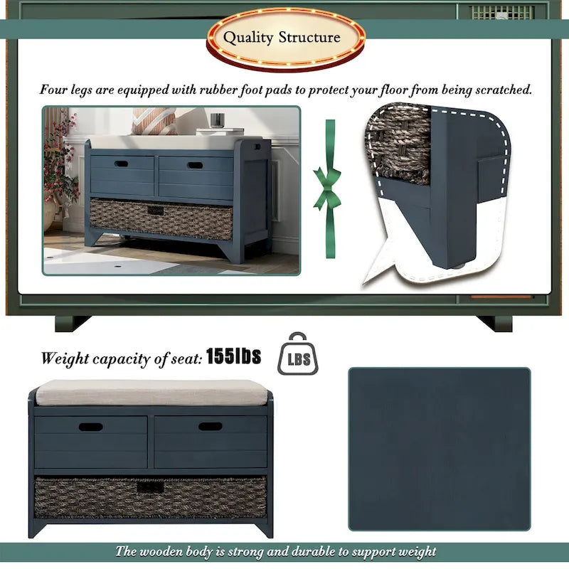 Storage Bench with Removable Basket, 2 Drawers and Cushioned Seat