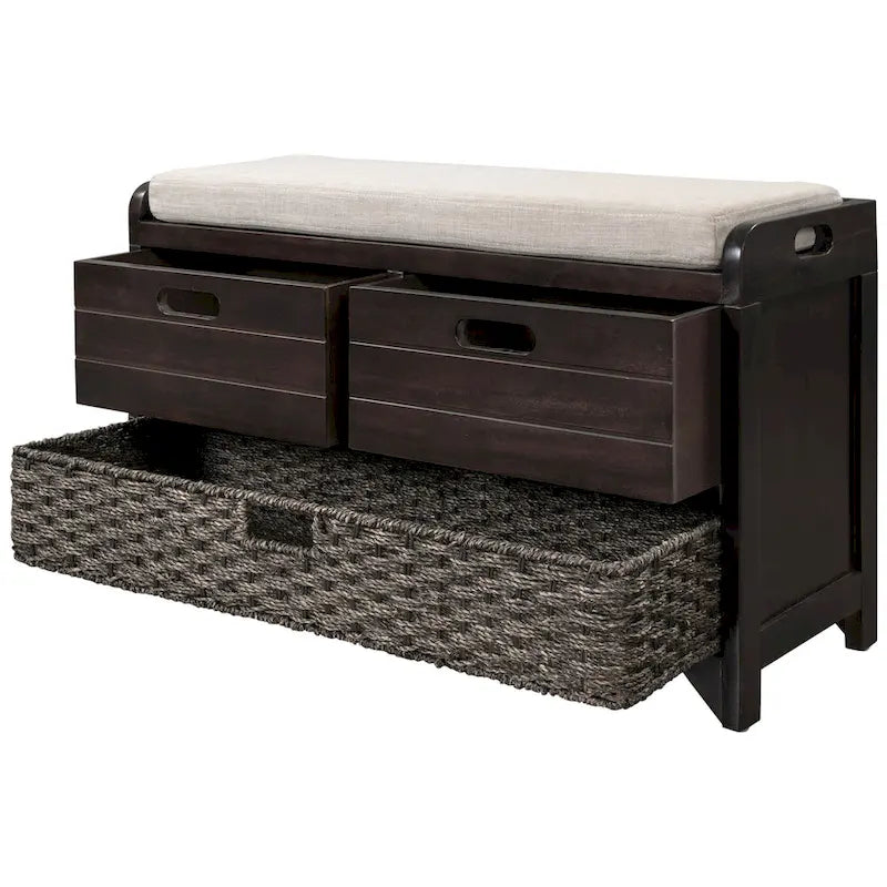 Storage Bench with Removable Basket, 2 Drawers and Cushioned Seat