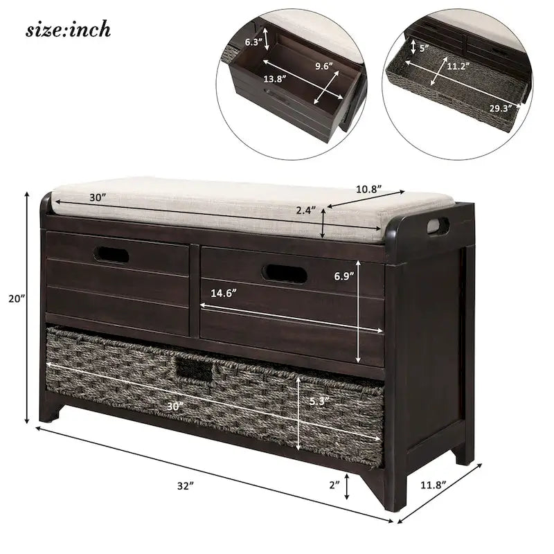Storage Bench with Removable Basket, 2 Drawers and Cushioned Seat