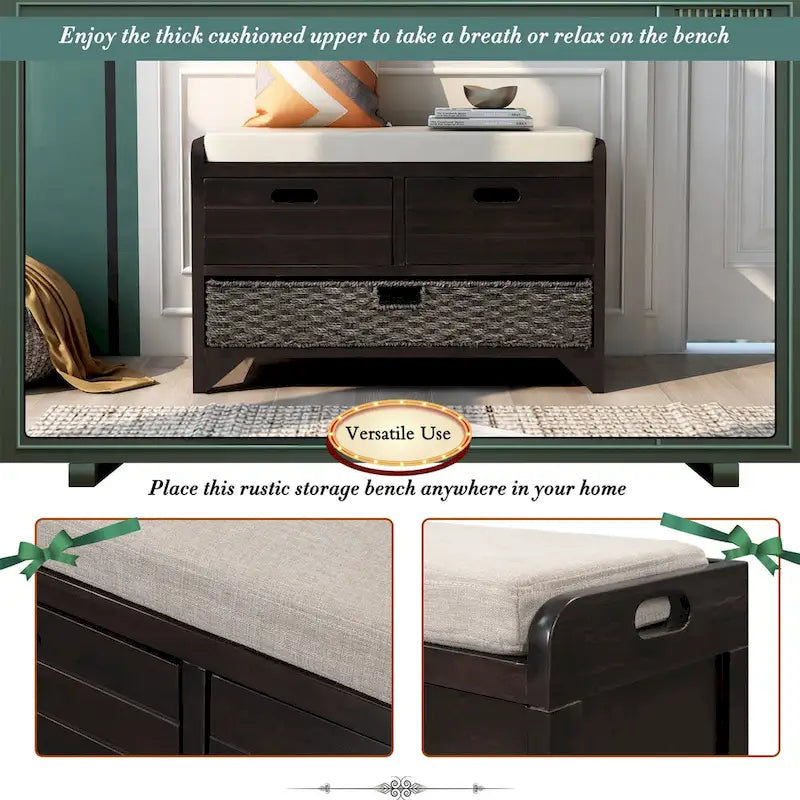 Storage Bench with Removable Basket, 2 Drawers and Cushioned Seat