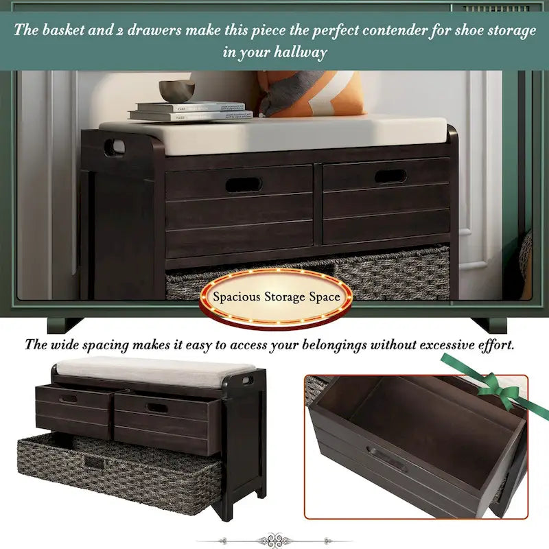 Storage Bench with Removable Basket, 2 Drawers and Cushioned Seat