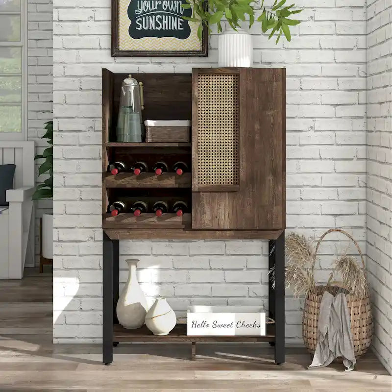 Farmhouse Kitchen Hutch with Wine Rack, 2 Open Shelves and Cabinet