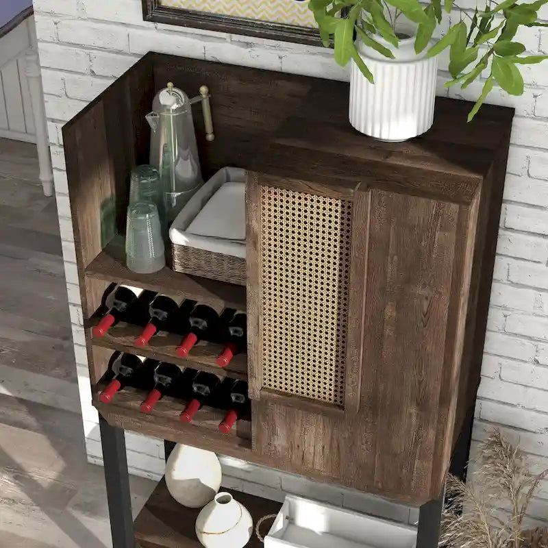 Farmhouse Kitchen Hutch with Wine Rack, 2 Open Shelves and Cabinet