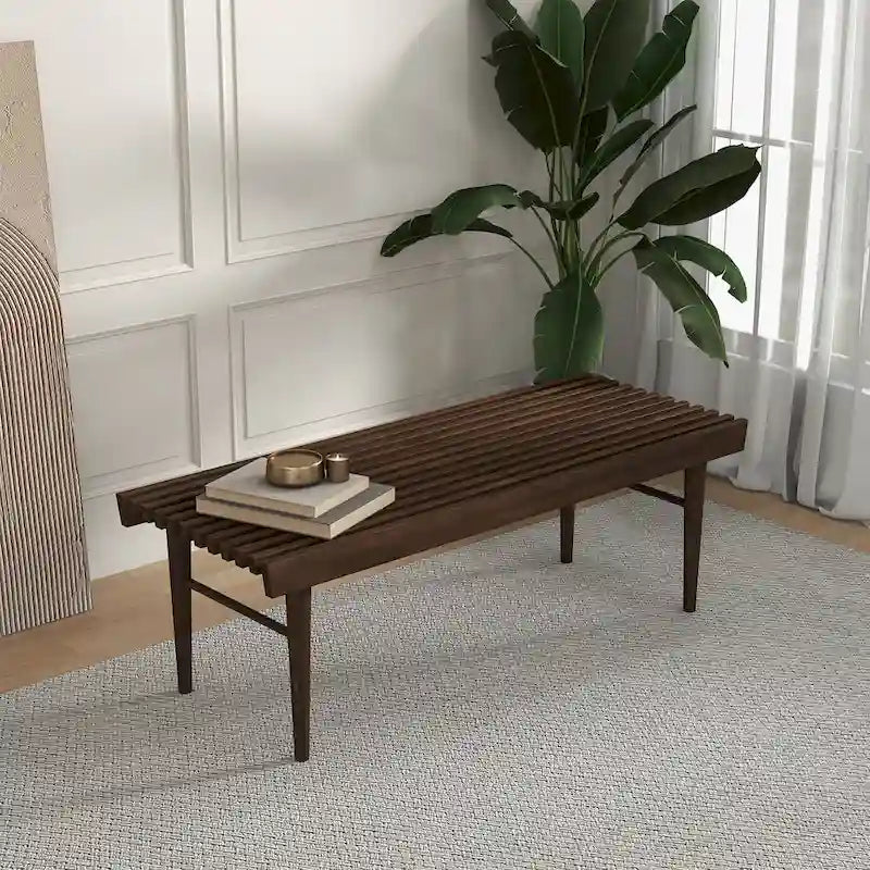 Mid-Century Solid Wood Upholstered Bench with Tapered Legs - Brown